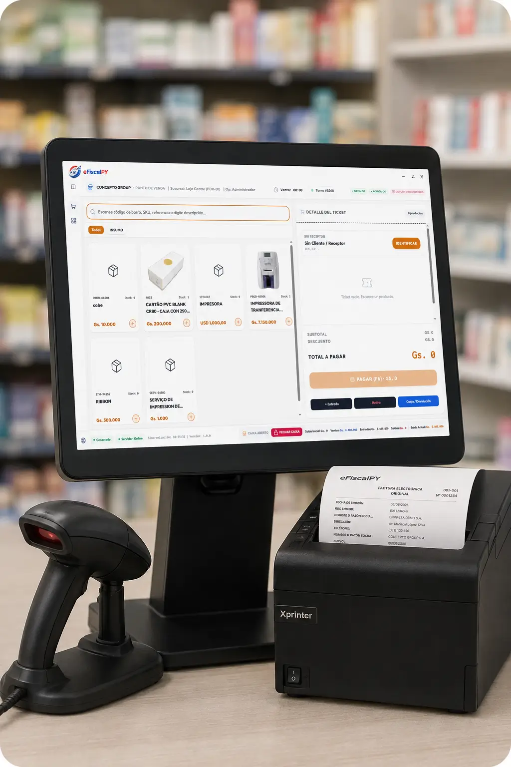 Punto de venta con eFiscalPY, lector de código de barras e impresora térmica emitiendo el comprobante electrónico